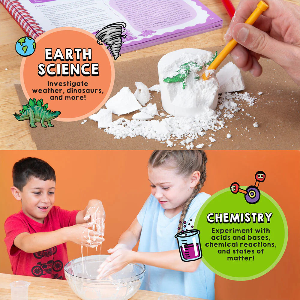 Children conducting science experiments with text on earth science and chemistry.