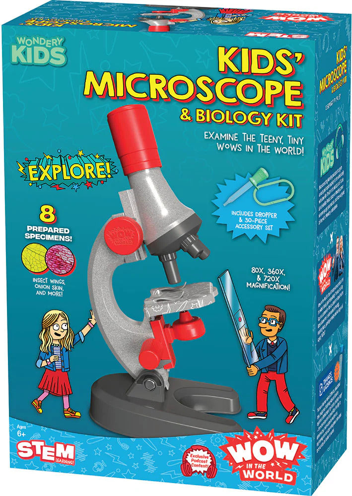 Box of Kids' Microscope & Biology Kit with microscope model on a blue background
