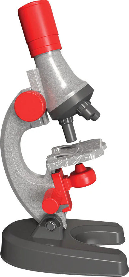 Children's microscope with red and gray design on a white background