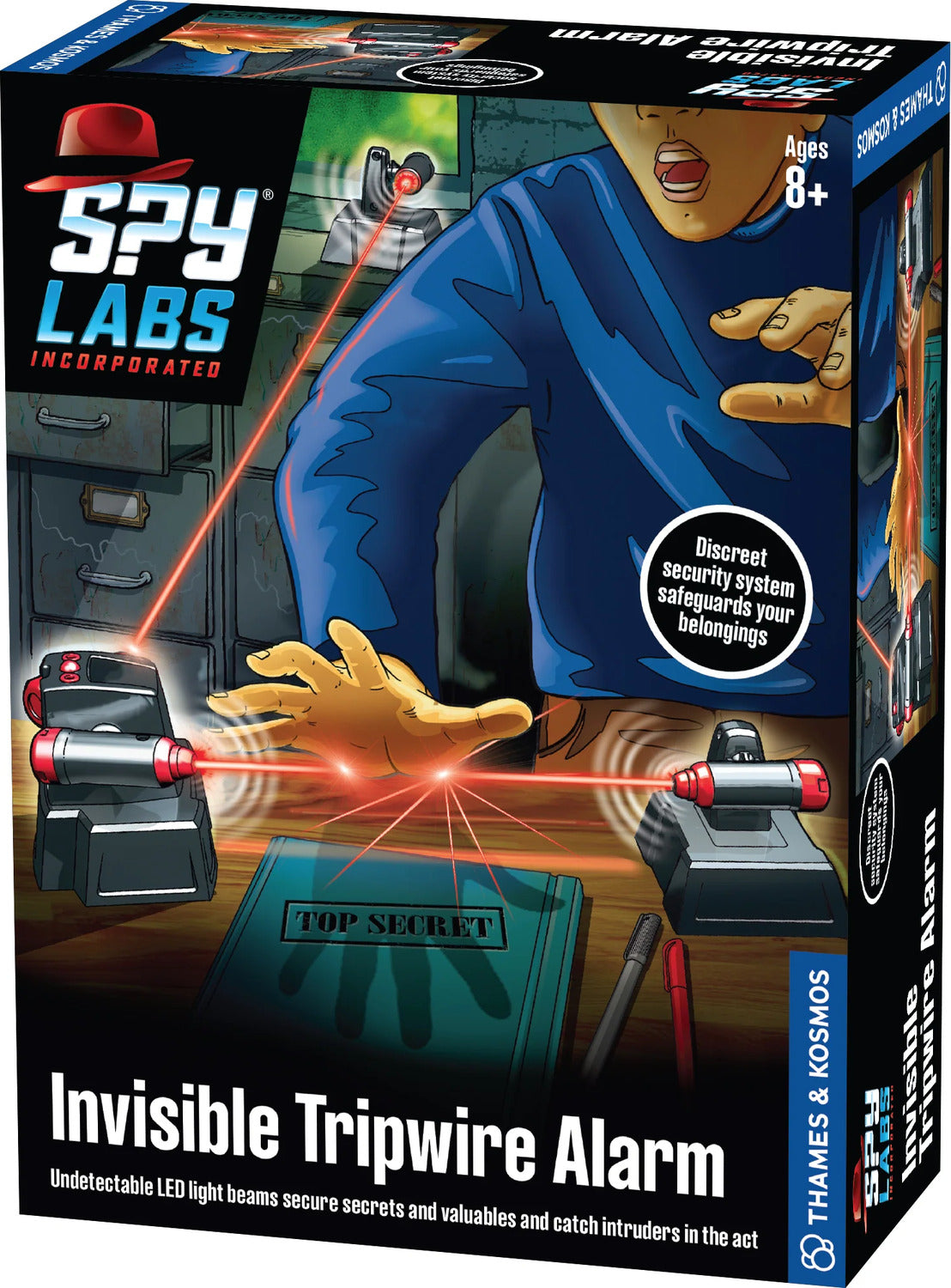 Spy Labs Invisible Tripwire Alarm packaging with a child wearing a blue shirt and using the alarm.