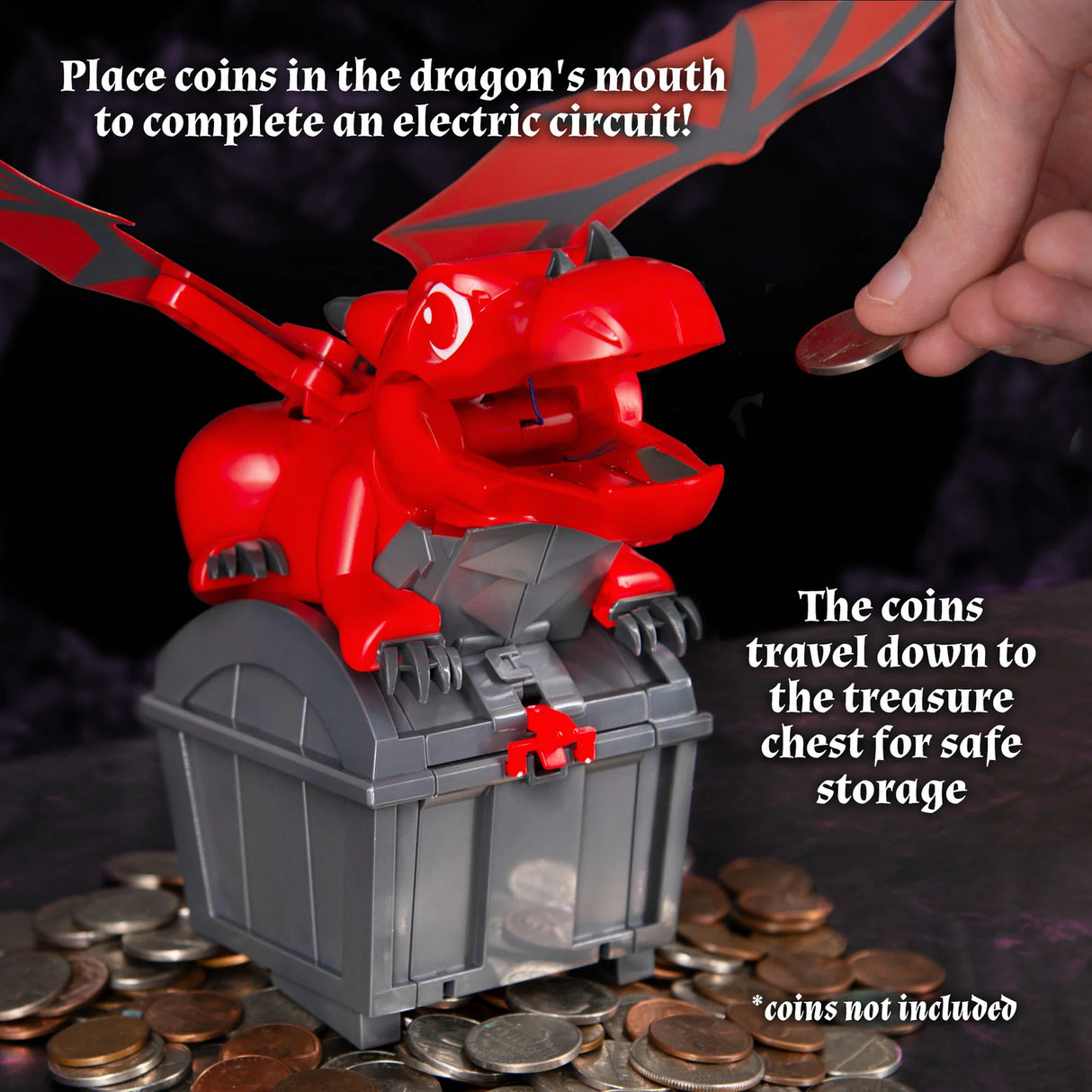 Robotic Dragon Bank Kit with treasure chest and coins, promotional text on a dark background