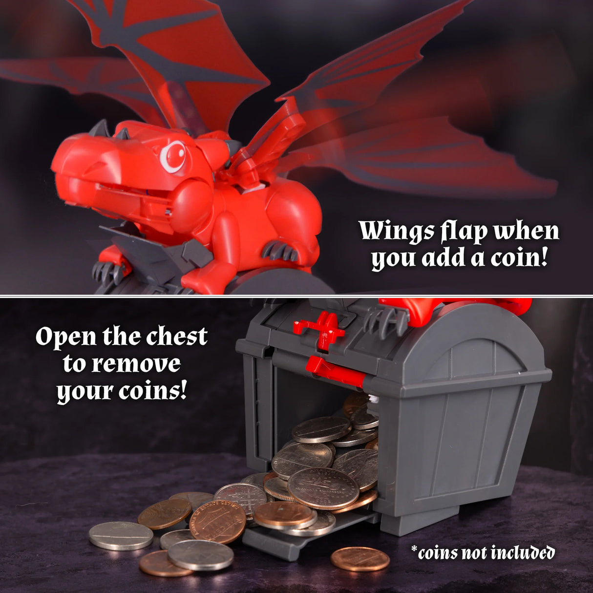 Robotic Dragon Bank Kit with wings that flap when a coin is added, and a treasure chest with coins inside.