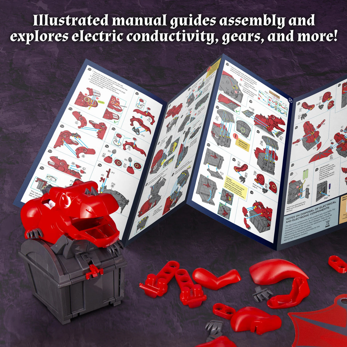 Robotic Dragon Bank Kit with assembly manual and parts on a dark background