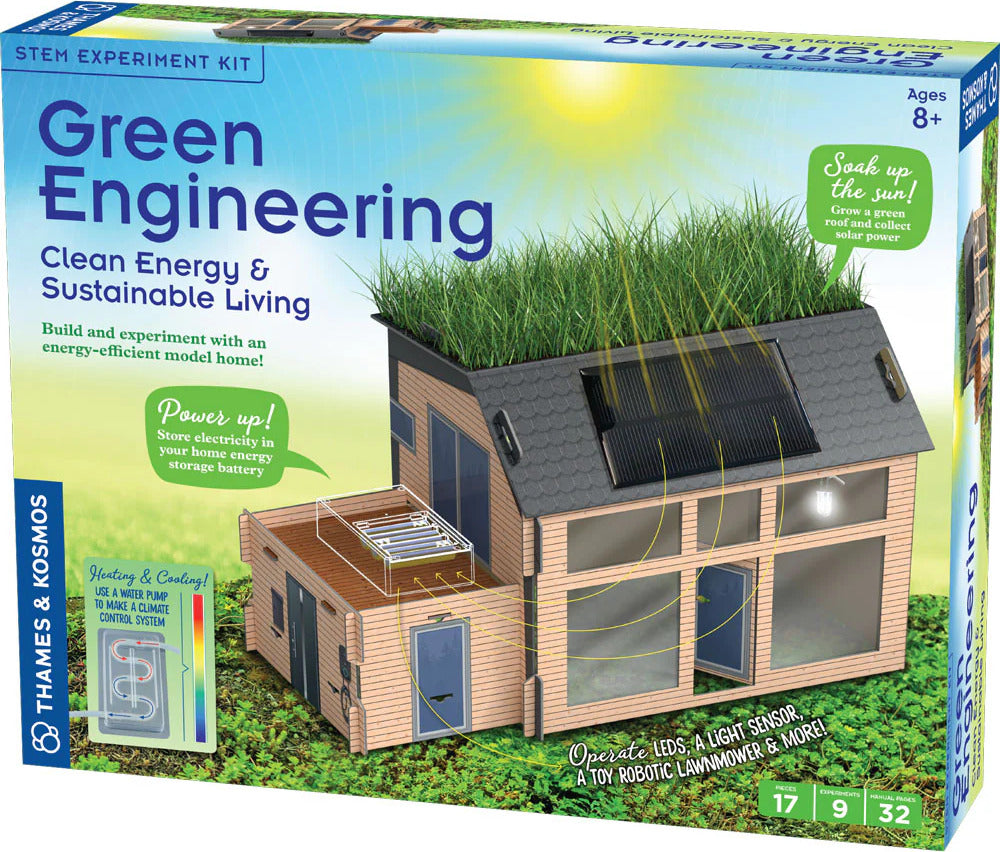 Box for a 'Green Engineering' STEM experiment kit with a model house and solar panels.