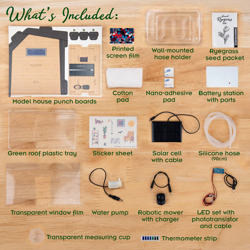 List of items included in a kit for Green Engineering Clean Energy and Sustainable Living on a wooden surface