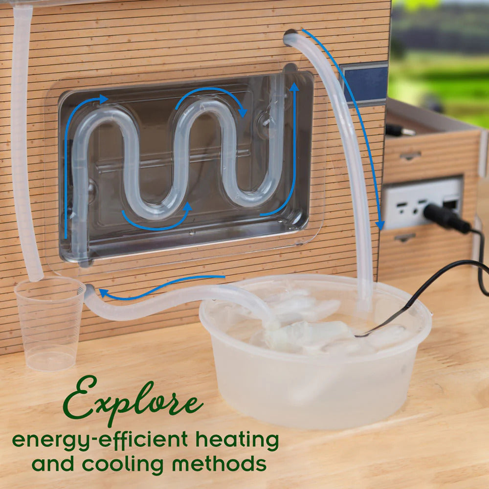 Green Engineering Clean Energy and Sustainable Living Energy-efficient heating and cooling system with pipes and a control panel on a wooden surface.