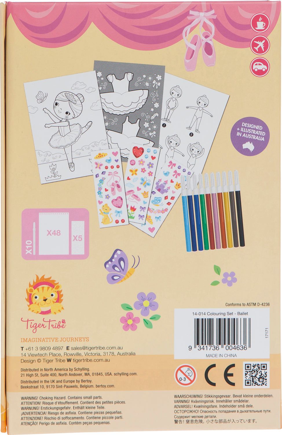 Coloring Set - Ballet product packaging with coloring sheets, stickers, and colored pencils on a beige background.