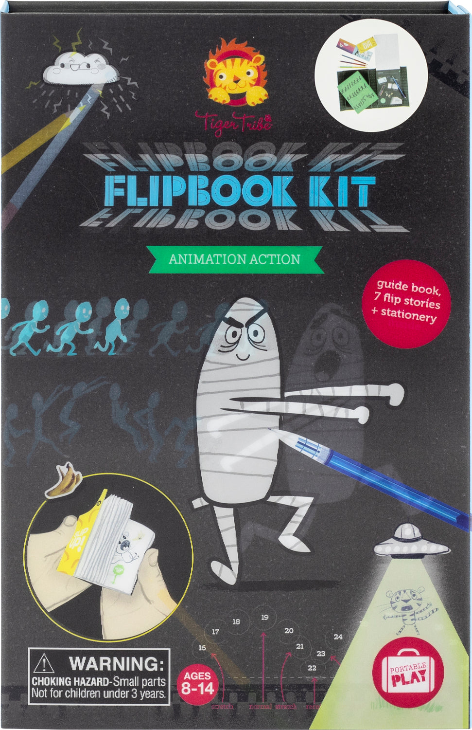 Flip Book Kit - Animation In Action packaging with illustrations of a mummy and UFO, and text indicating animation action.