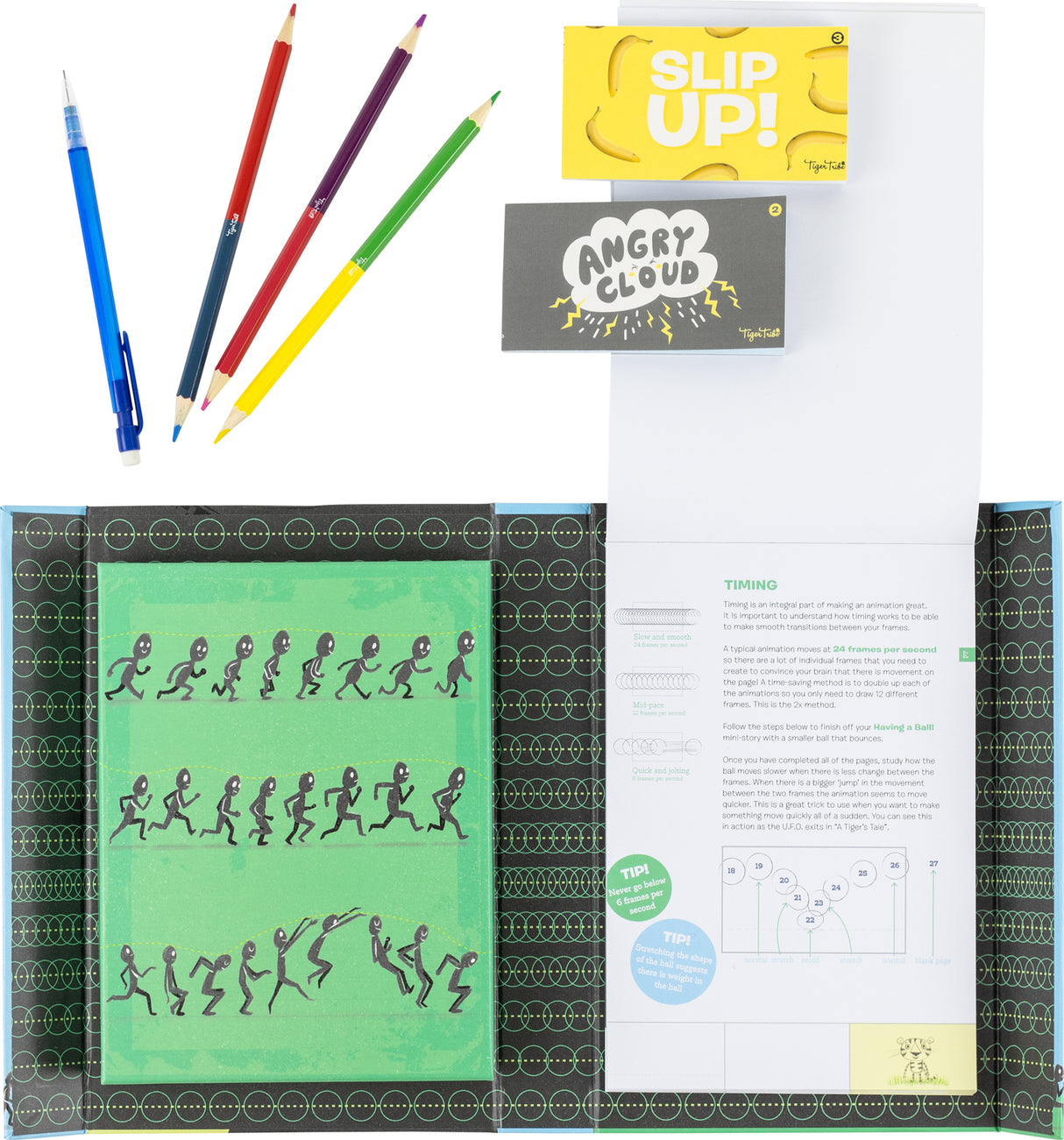 Flip Book Kit - Animation In Action with colorful pens, a notebook, and printed materials on a white background.