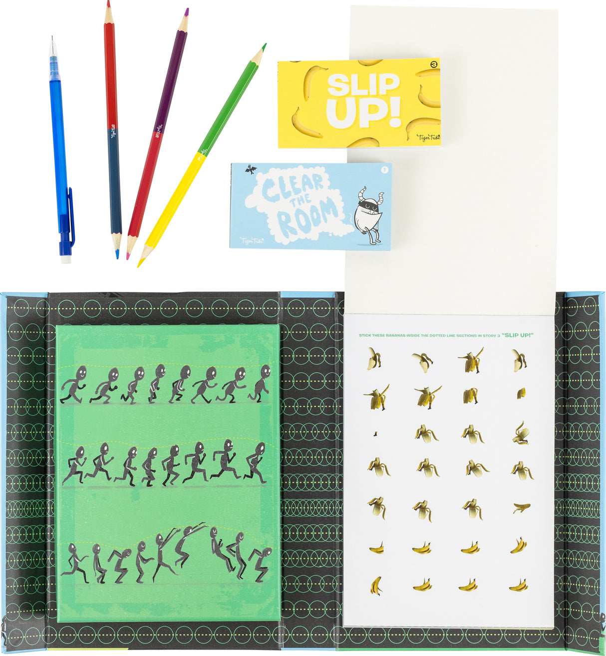 Flip Book Kit - Animation In Action including pencils, a notebook, and stickers on a white background