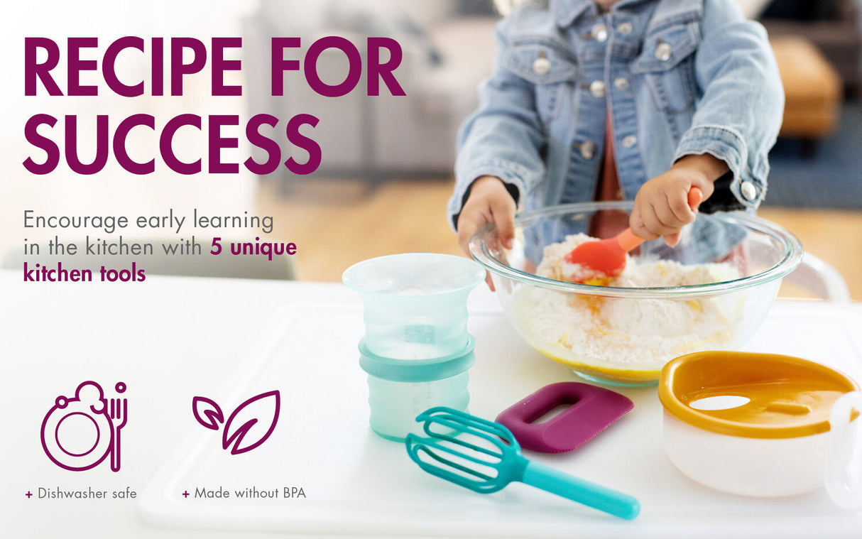 Child playing with Intro Toddler Food Prep on a table, with text about early learning and product features.
