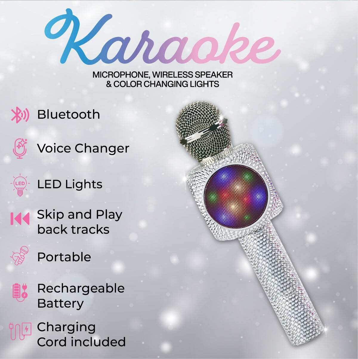 Silver Bling Karaoke Microphone with LED lights on a gray background