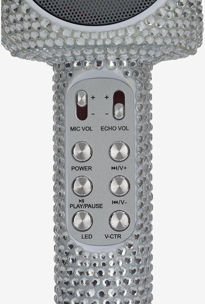 Silver Bling Karaoke Microphone with control buttons on a white background