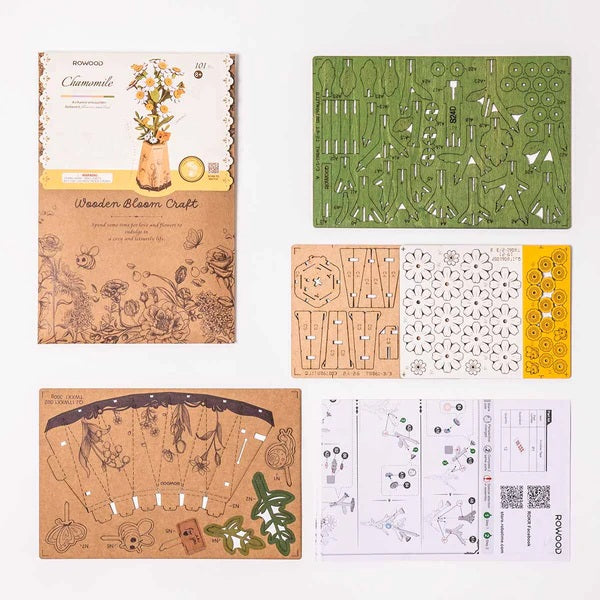 Rowood Chamomile DIY Wooden Flower 3D Puzzle wooden craft templates and packaging on a white background