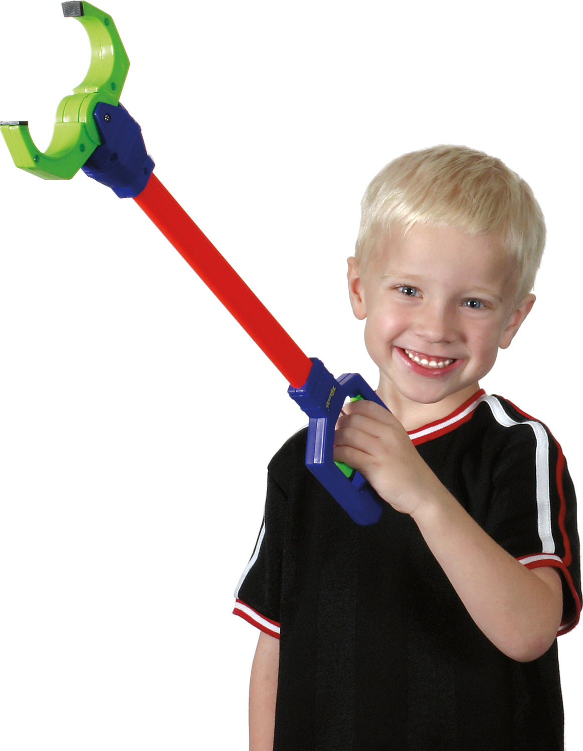 Child holding a Galaxy Grabber with a red handle and green hook on a white background