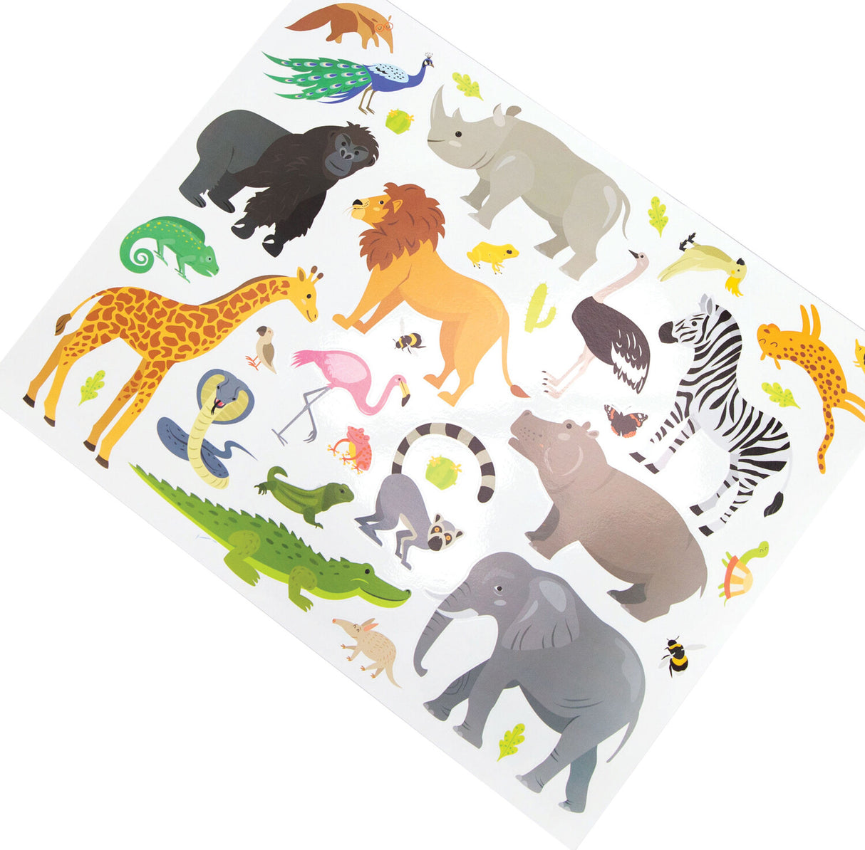 Sheet of colorful animal stickers on a white background