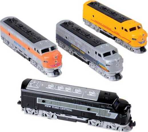 Four toy Pacific Line Train locomotives in different colors on a white background