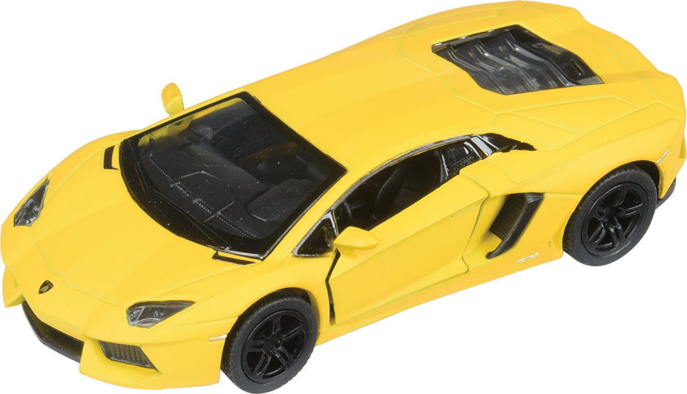 Yellow toy Matte Lamborghini with black interior on a white background