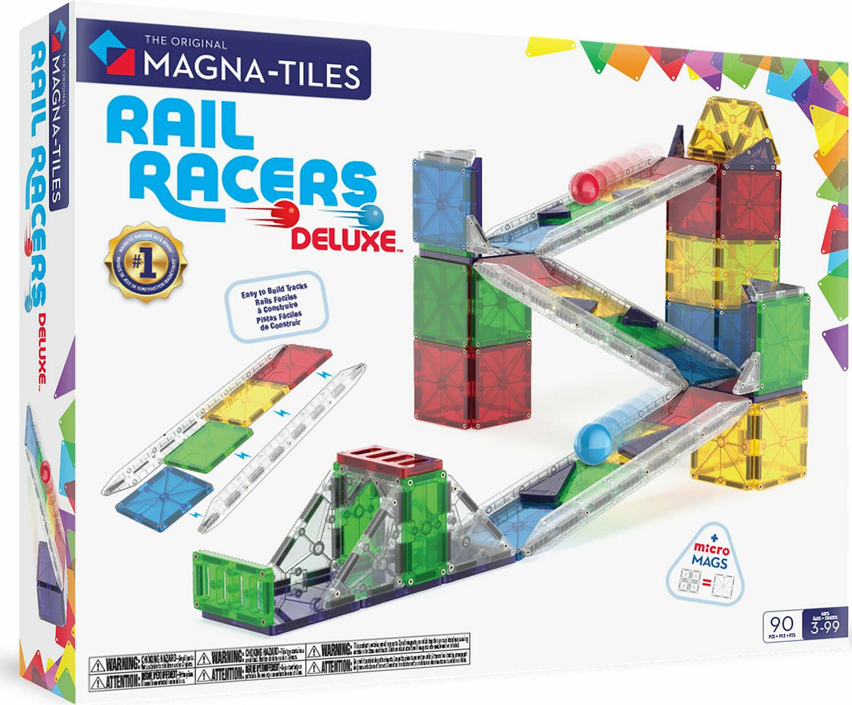 Magna-Tiles Rail Racers Deluxe toy set packaging with colorful tracks and Magna-Tiles logo.
