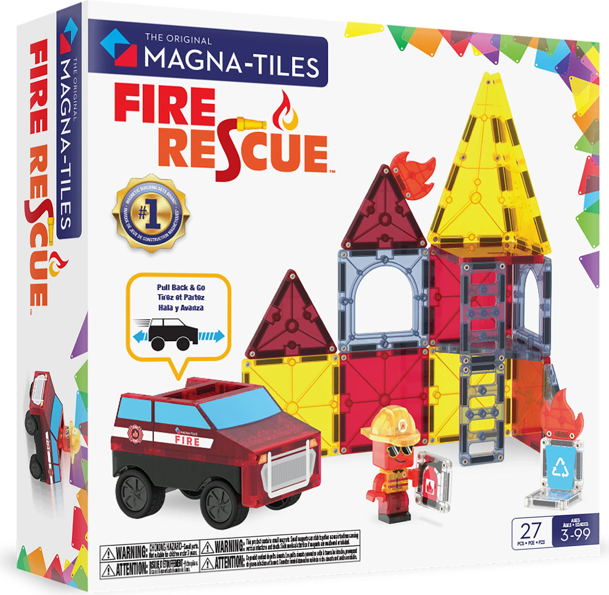 Magna-Tiles Fire Rescue toy set packaging with colorful building blocks and a fire truck model.