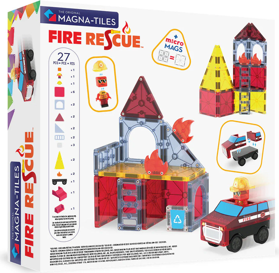 Magna-Tiles Fire Rescue set packaging with toy models and branding.