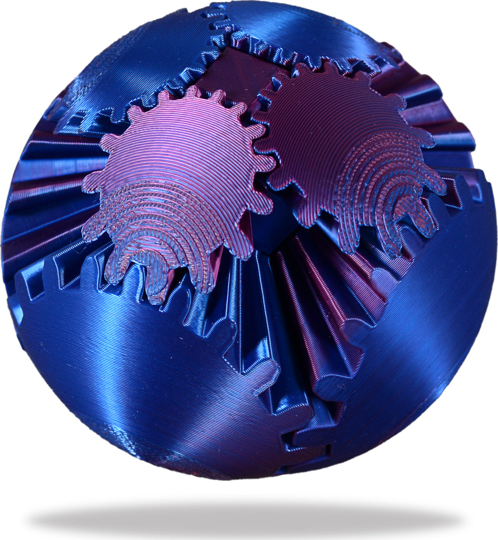 Close-up of a metallic blue Gear Ball Fidget Toy on a white background