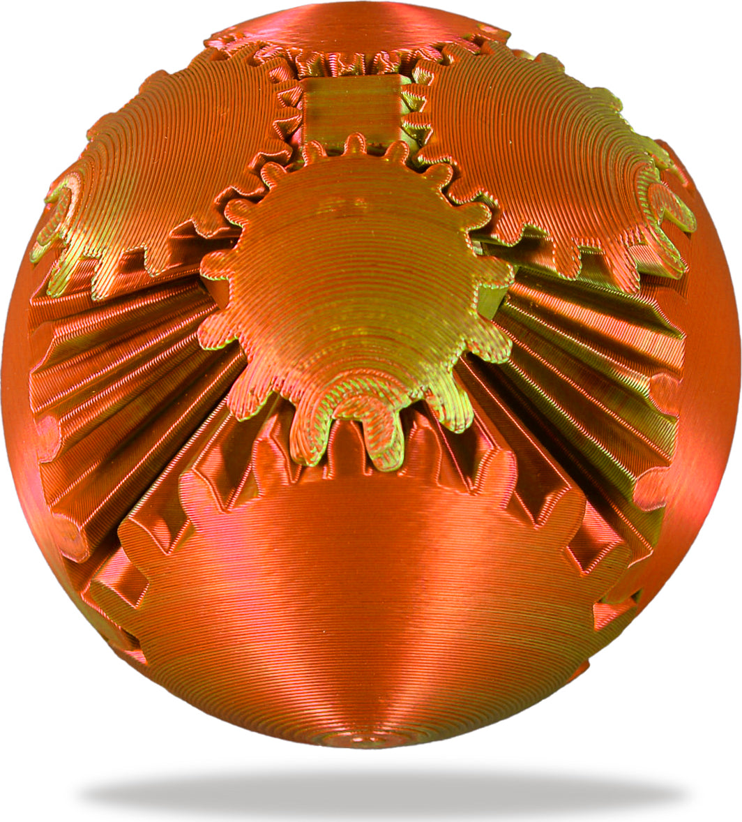 Metallic orange and gold Gear Ball Fidget Toy on a white background