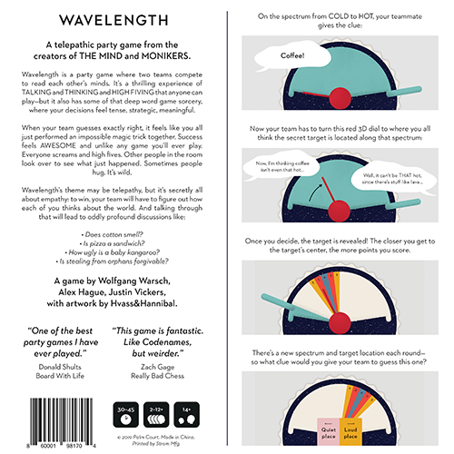 Wavelength game box with text and illustrations on a white background