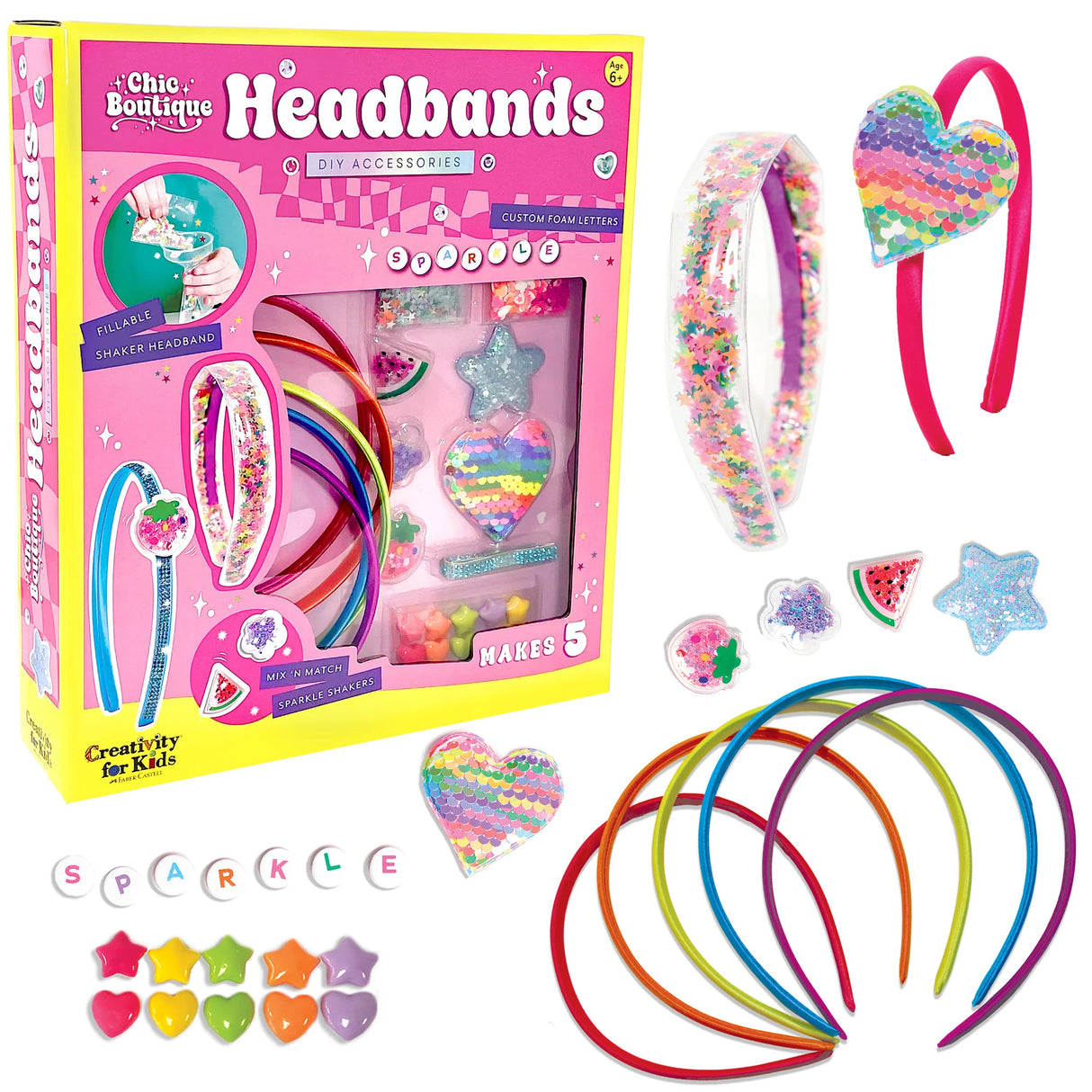 Chic Boutique Headbands kit with packaging, colorful headbands, and decorative items on a white background