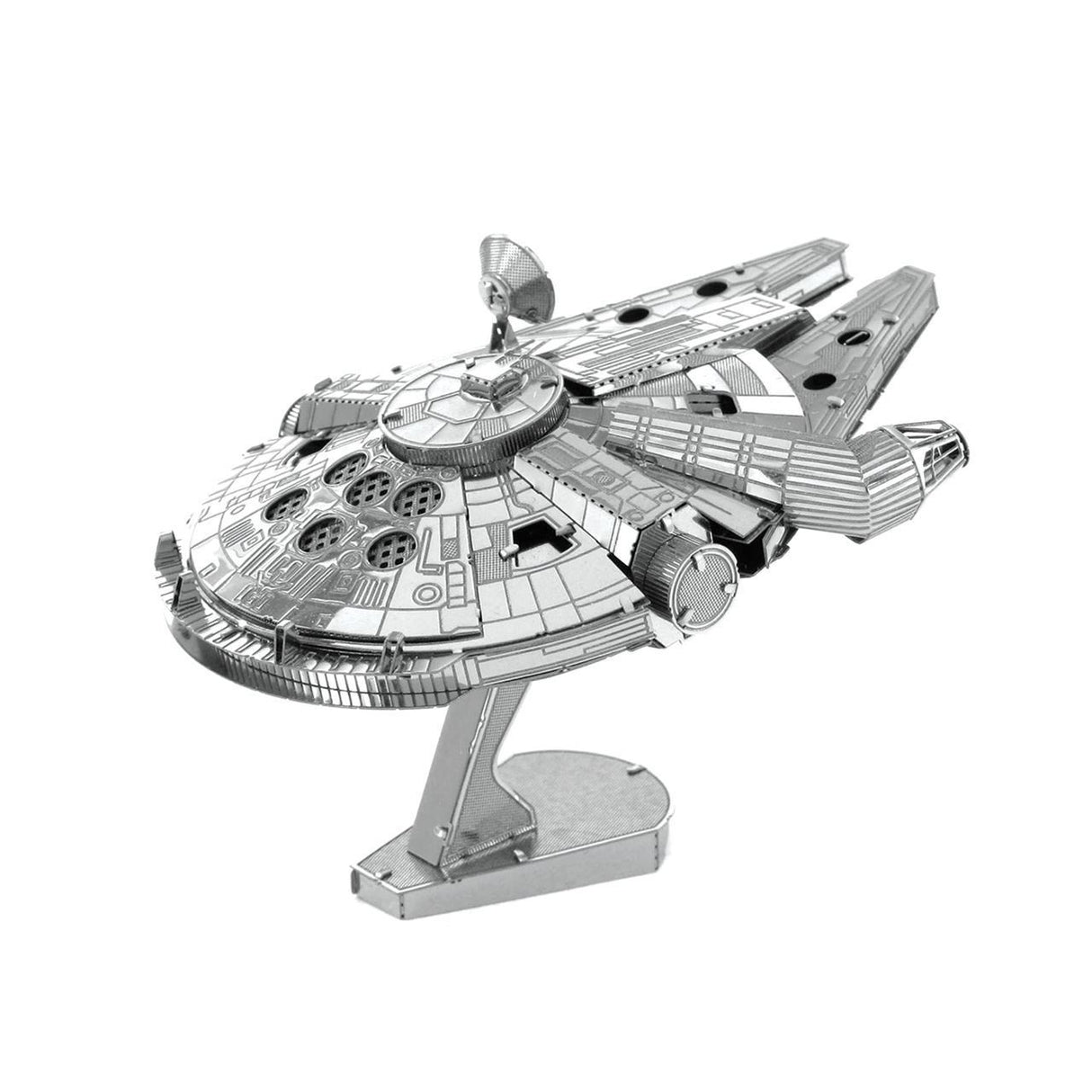 Metal model of the Millennium Falcon spaceship on a white background
