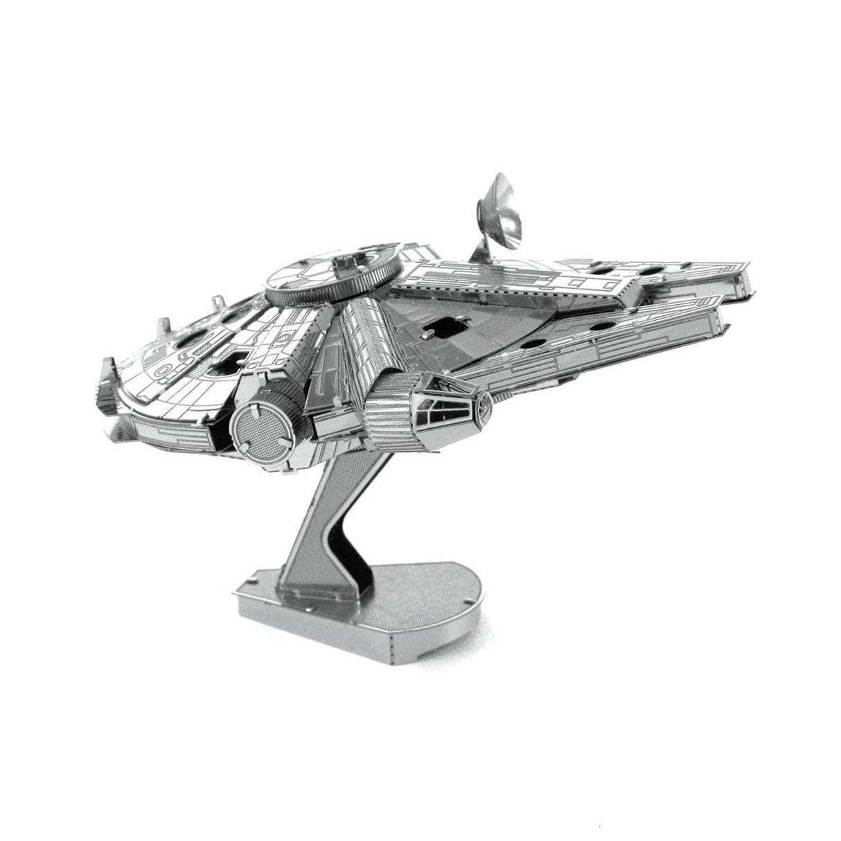 Metal model of the Millennium Falcon spaceship on a white background