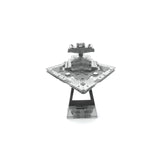 Metal model of an Imperial Star Destroyer spaceship on a stand with 'Imperial Star Destroyer' text on a white background