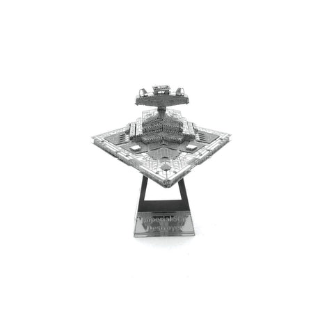Metal model of an Imperial Star Destroyer spaceship on a stand with 'Imperial Star Destroyer' text on a white background