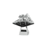 Metal model of an Imperial Star Destroyer spaceship on a stand against a white background