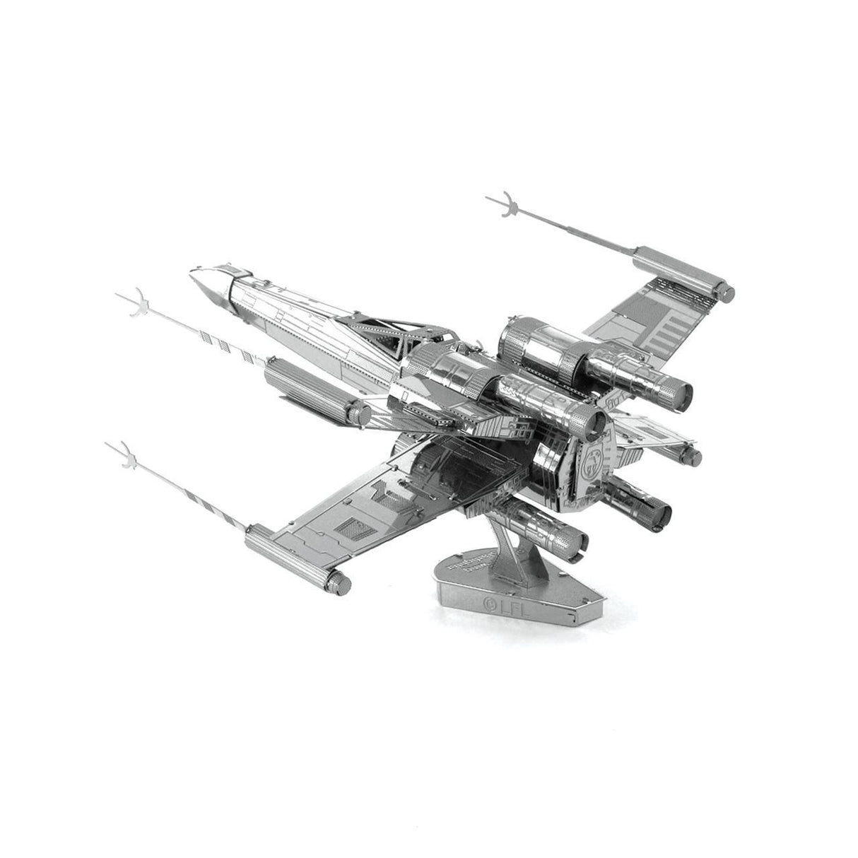 Metal model of a Star Wars X-wing fighter on a white background