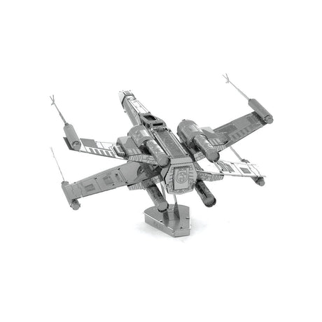 Metal model of a X-Wing Star Fighter spacecraft on a white background