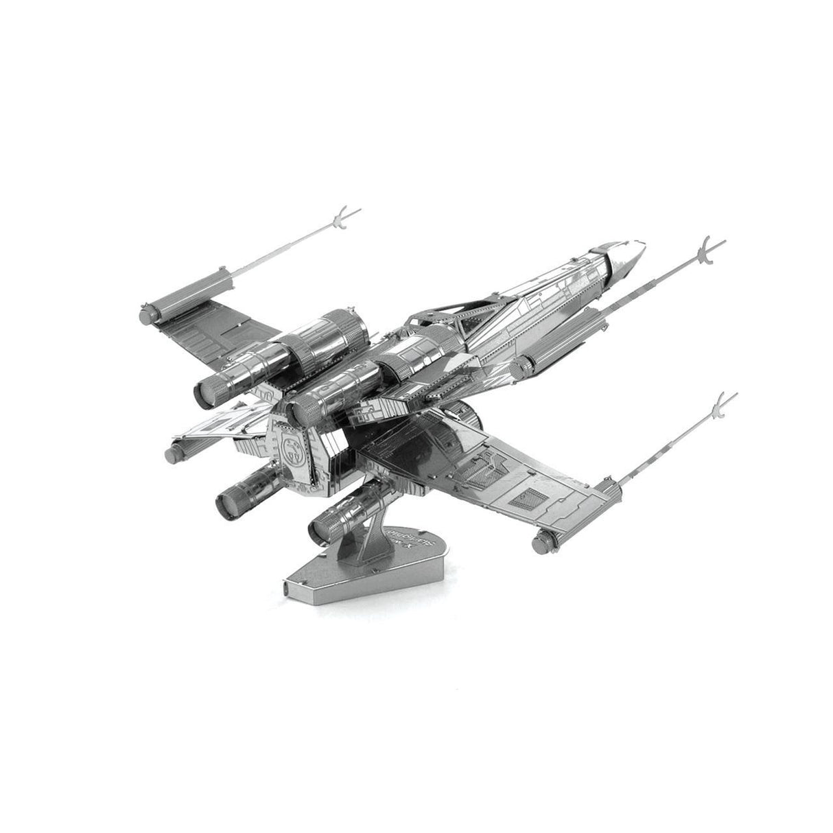 Metal model of a X-Wing Star Fighter on a white background