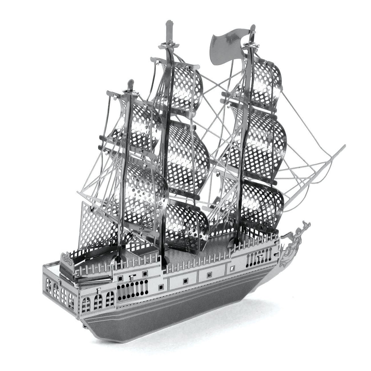 Metal model  of the Black Pearl ship  with multiple masts on a white background