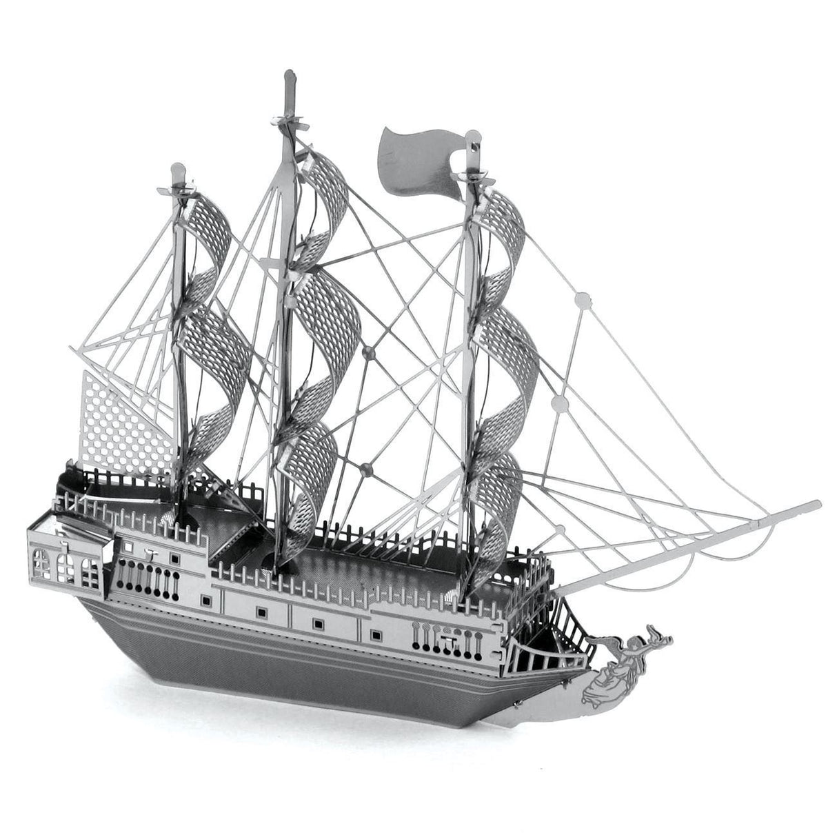 Metal model  of the Black Pearl a three-masted sailing ship on a white background