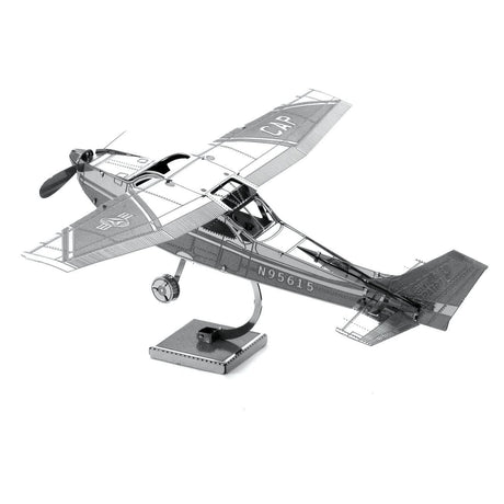 Metal model of a Cessna 172 airplane on a stand with visible branding on a white background
