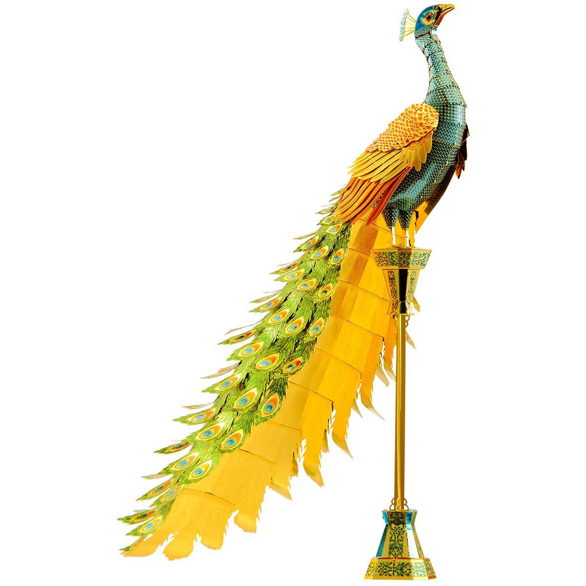 Decorative metal peacock figure on a white background