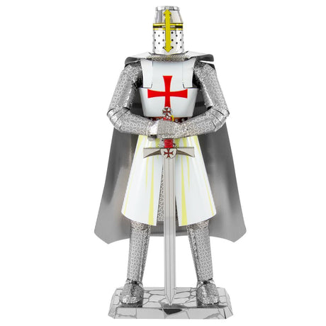 Metal Templar Knight figurine with armor and cape on a white background
