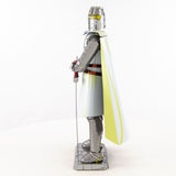 Metal Templar Knight figurine in armor with a cape on a white background