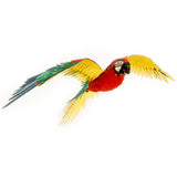 Colorful metal parrot model in flight on a white background