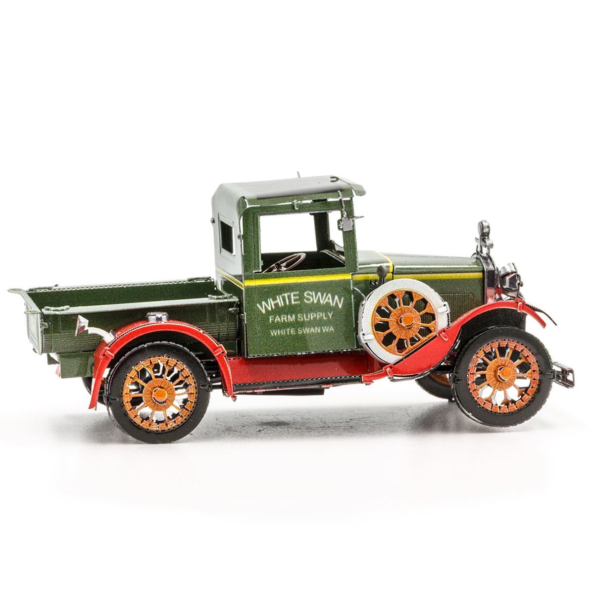 Metal model of a 1931 Ford Model A truck with 'White Swan Farm Supply' branding on a white background