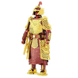 Metal model of Chinese (Ming) Armor figurine of a warrior in gold and red armor on a white background