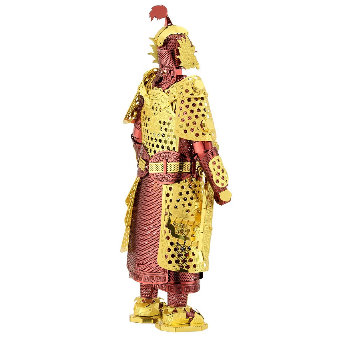 Metal model of Chinese (Ming) Armor figurine of a warrior in ornate yellow and red armor on a white background