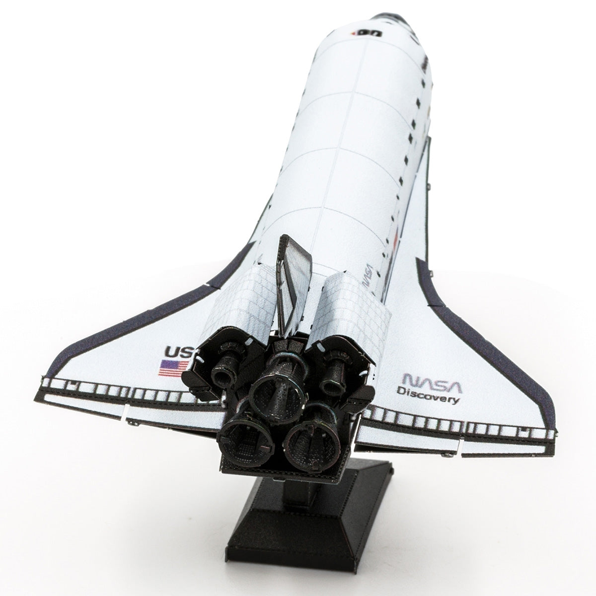 Metal model of Space Shuttle Discovery with 'NASA Discovery' on a white background