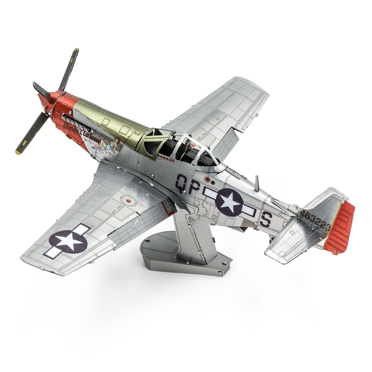 Metal model of a P-51D Mustang Sweet Arlene plane with a red and gray design on a white background