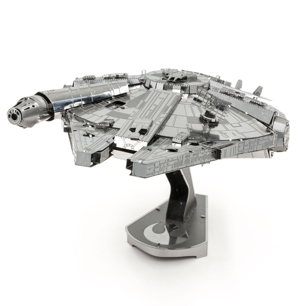 Metal model of the Millennium Falcon on a white background